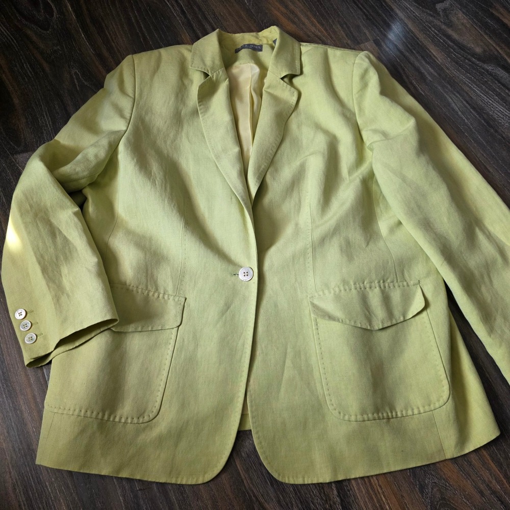 Kate Hill Womens Lime Green Linen Blend Single Button Blazer Jacket Size 16W